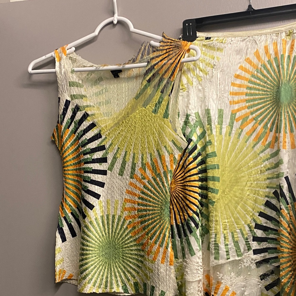 Komarov Cream Tank and Skirt Set with Green, Yellow & Orange Sunburst Print